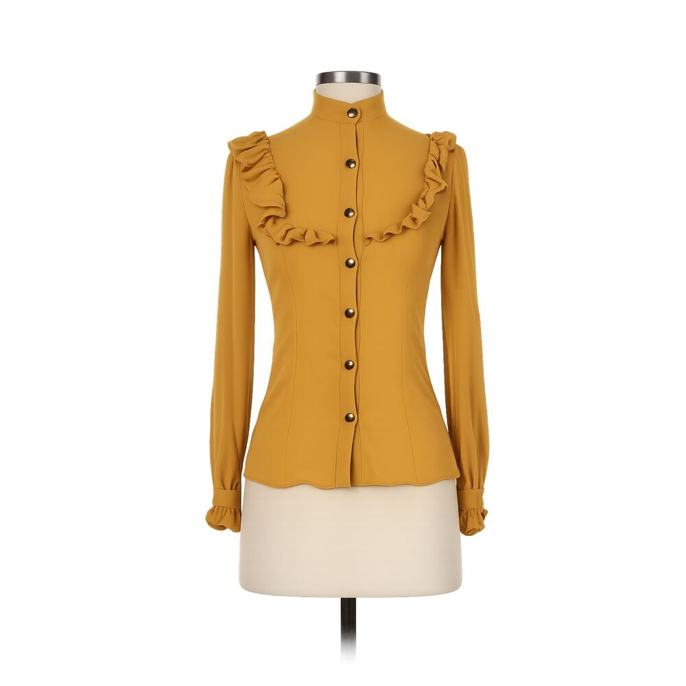XS Stoned Immaculate Brigitte Long Sleeve Mock Neck Button-Up Ruffle Blouse